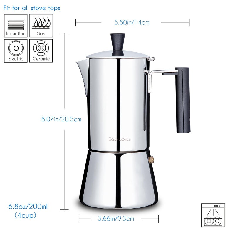 Easyworkz Pedro Stovetop Espresso Maker 4Cup 200ml Stainless Steel Italian Coffee Machine Maker Moka Pot Induction Espresso Pot - Image 2